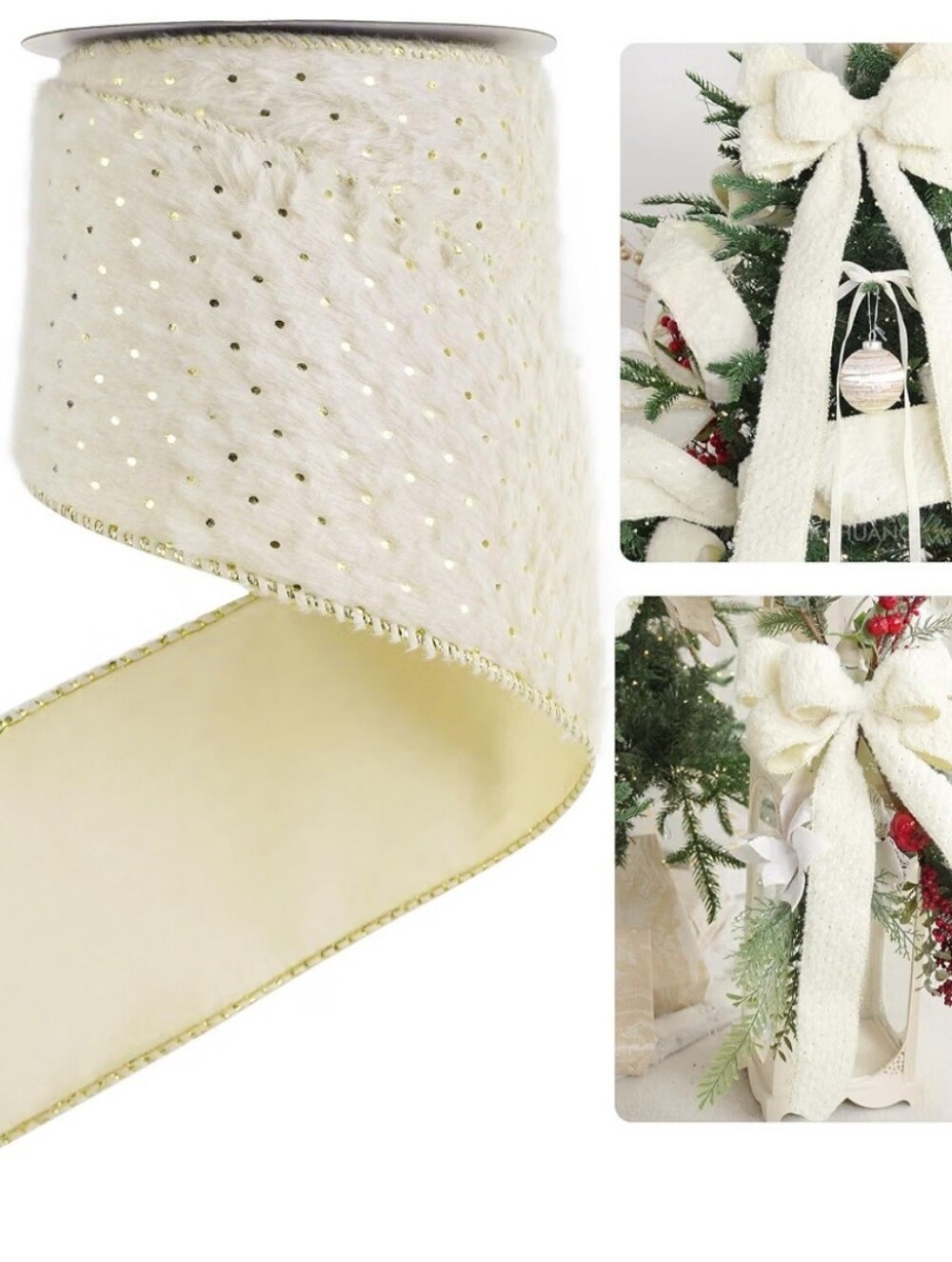 Cream and Gold Faux Fur Holiday Ribbon. 10 yards. NWT.